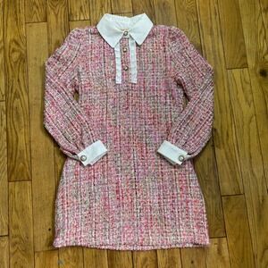 Storets Pink Tweed Mini Dress Long Sleeve Pearl Button White Collar Size S